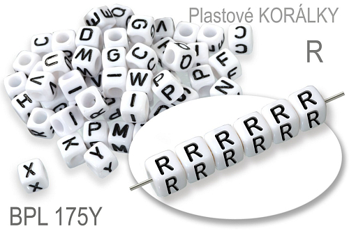 Korálky plastové KOSTIČKA. Písmeno R.  Velikost 6,0x6,0mm. Ozn. BPL 175Y. Balení 10Ks. 