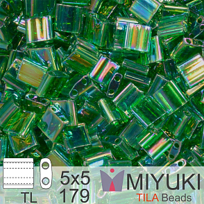 Korálky MIYUKI tvar TILA BEADS velikost 5x5mm. Barva TL-179 Transparent Green AB. Balení 5g.