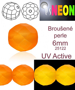 Korálky NEON (UV Active) BROUŠENÉ velikost pr.6mm barva 25122 ORANŽOVÁ mírně průhledná. Balení 21Ks. 