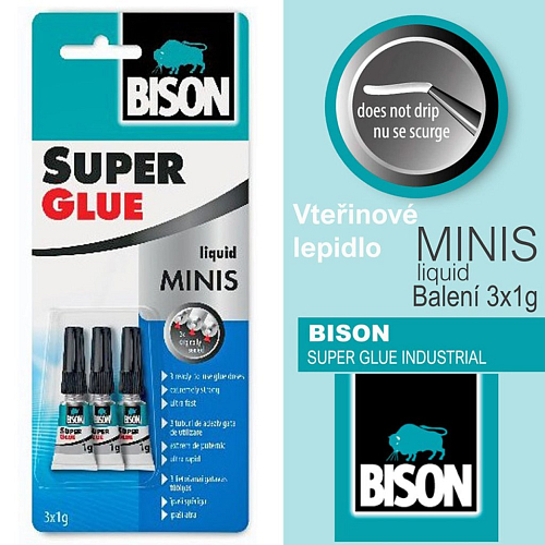 Vteřinové lepidlo MINIS BISON SUPER GLUE GEL. Určené pro lepení hladkých, čistých a suchých povrchů. Balení 3x1g.