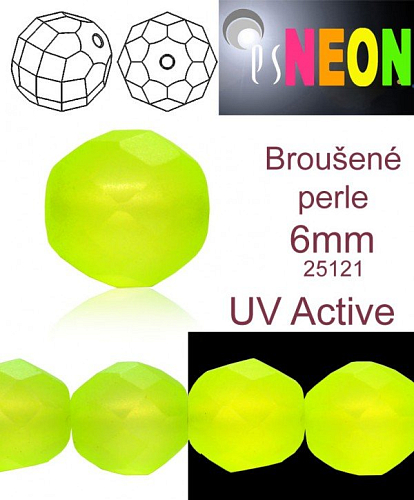 Korálky NEON (UV Active) BROUŠENÉ velikost pr.6mm barva 25121 ŽLUTÁ.mírně průhledná. Balení 21Ks. 