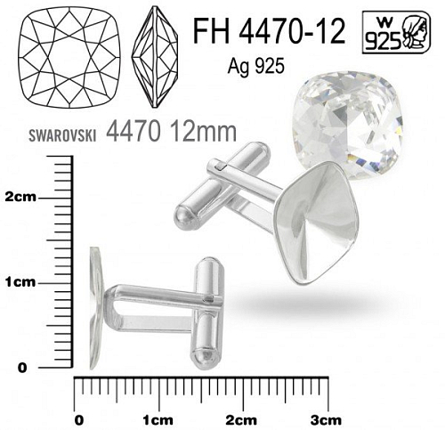 MANŽETOVÝ knoflík na Swarovski 4470. Materiál Ag925. Ozn. FH 4470 12mm. Váha 2,34g. 