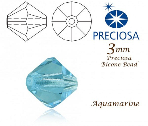 PRECIOSA Bicone (sluníčko) velikost 3mm. Barva AQUAMARINE. Balení 42ks 