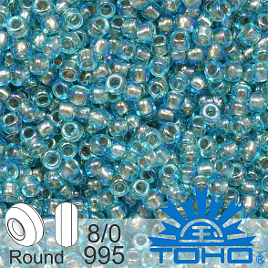 Korálky TOHO tvar ROUND (kulaté). Velikost 8/0. Barva č. 995-Gold-Lined Rainbow Aqua. Balení 10g.