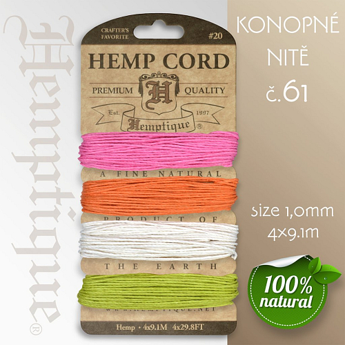 Konopná nit HEMP CORD síla nitě 1,0mm. Balení 4x9,1m. Barva č.61 Sizzle