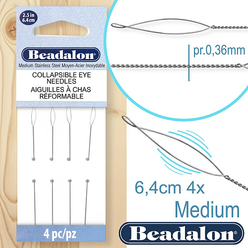 BEADALON jehla na korálky Collapsible Eye délka 6,4cm Medium síla 0,36mm balení 4Ks