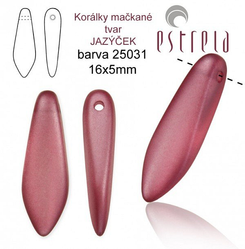 Korálky mačkané tvar JAZÝČEK. Velikost 16x5mm. Barva voskovaná VÍNOVÁ   25031. Balení 20Ks.