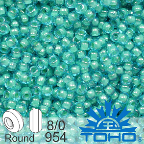 Korálky TOHO tvar ROUND (kulaté). Velikost 8/0. Barva č. 954-Inside-Color Aqua/Lt Jonquil Lined . Balení 10g.