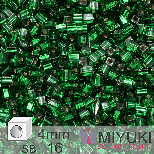 Korálky Miyuki SQUARE Beads 4mm. Barva Silverlined Green SB16. Balení 5g.